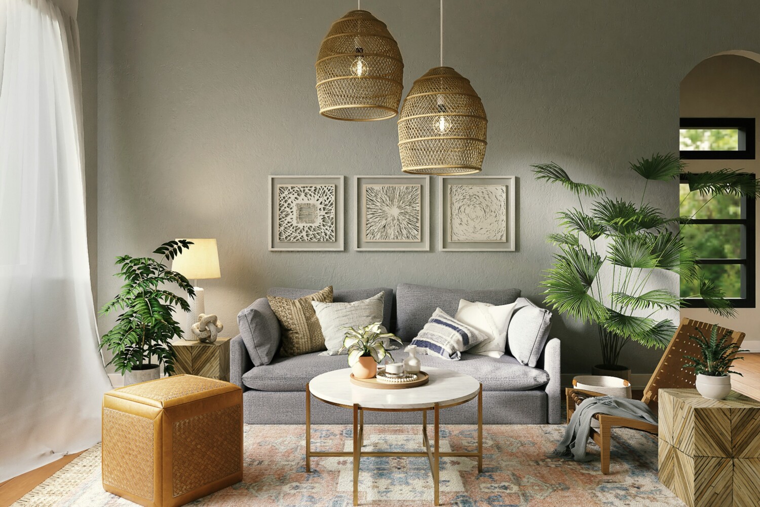 Living room design showing a colour scheme of sage, green and orange