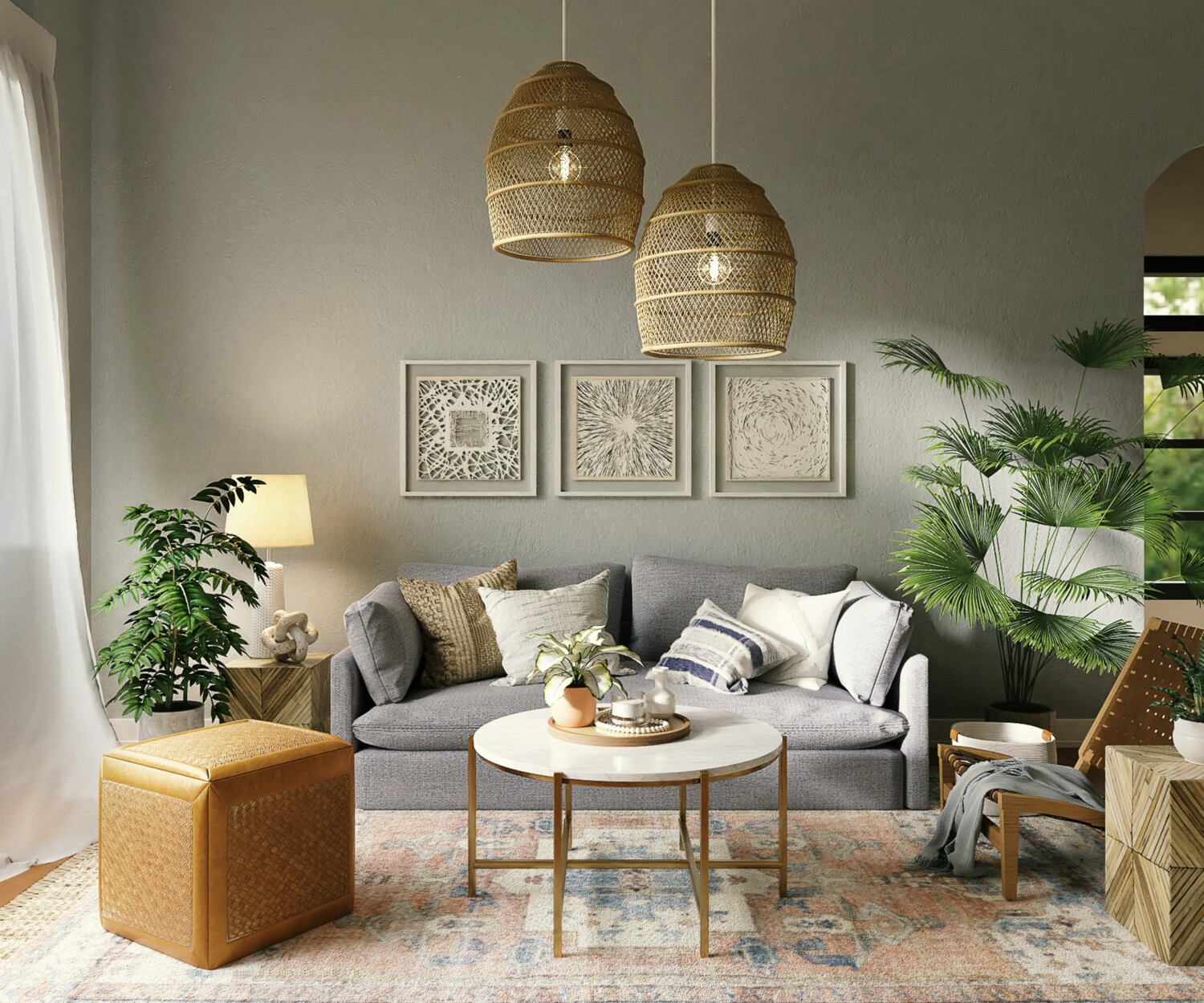 Living room design showing a colour scheme of sage, green and orange