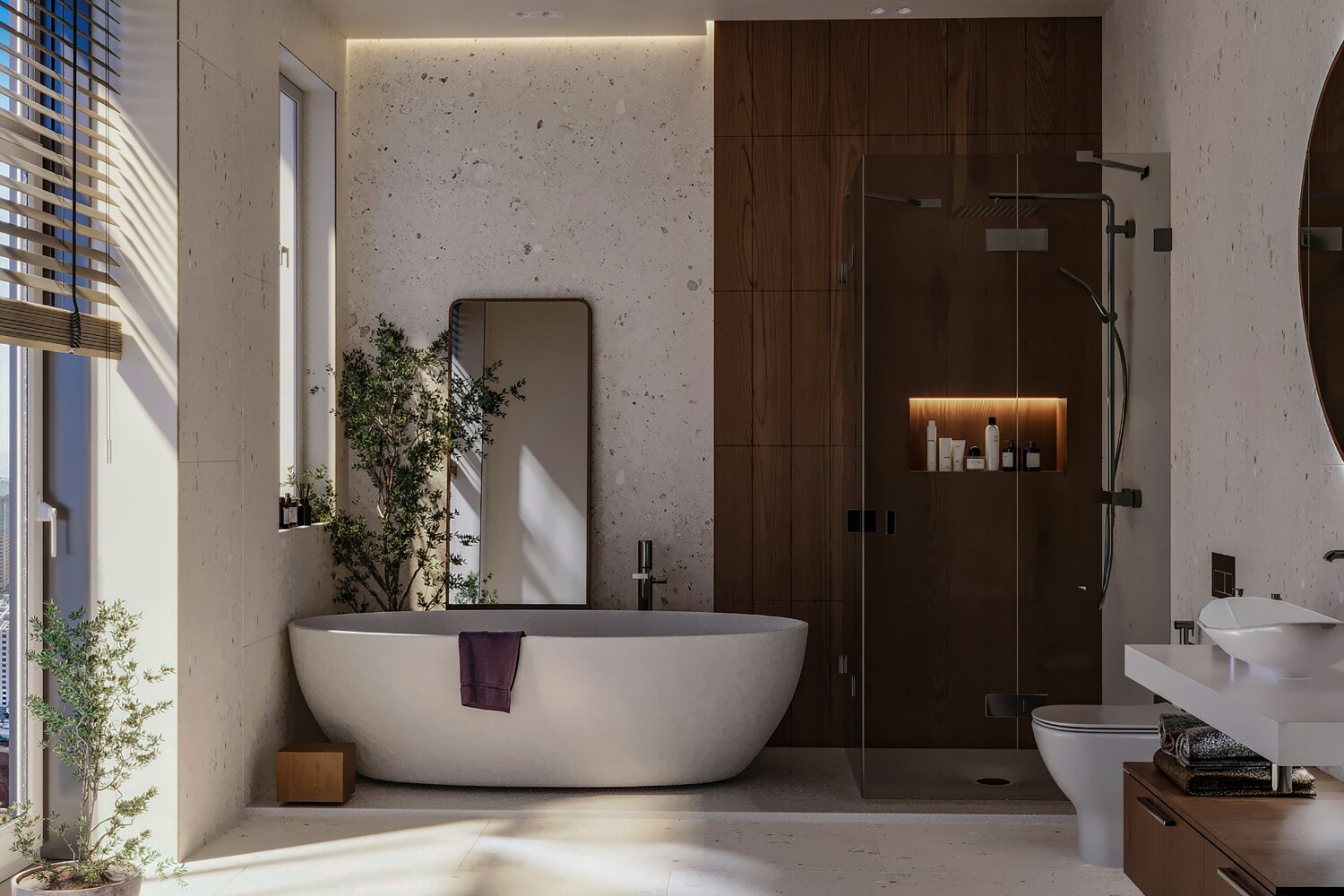 bathroom with glass show enclosure, free standing bath, walnut accents