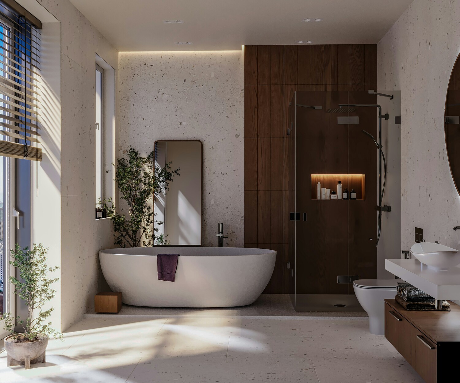 bathroom with glass show enclosure, free standing bath, walnut accents