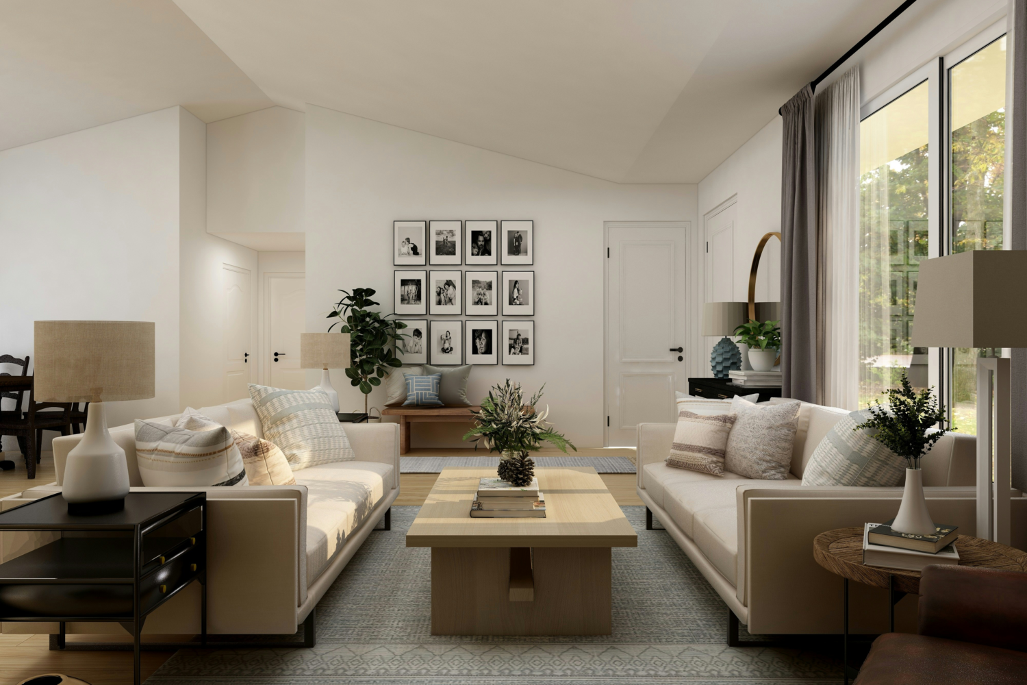 Neutral living room with two sofas facing each other, a coffee table in the middle and a side table for eahc