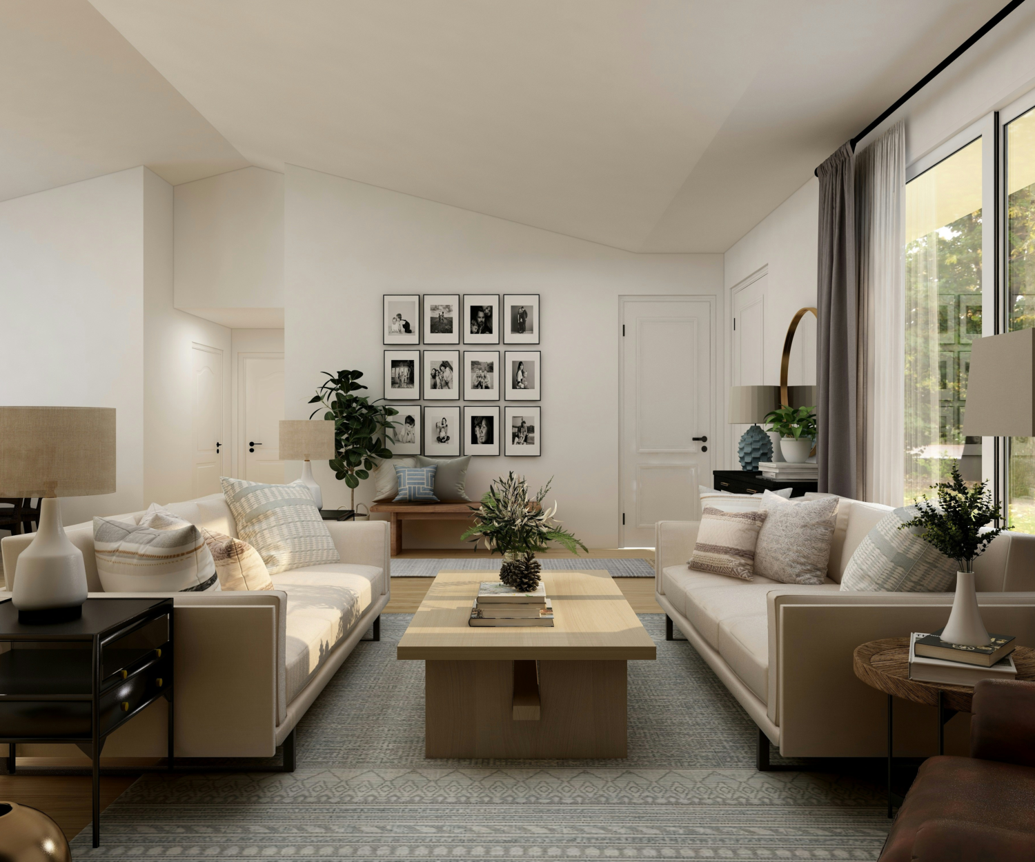 Neutral living room with two sofas facing each other, a coffee table in the middle and a side table for eahc